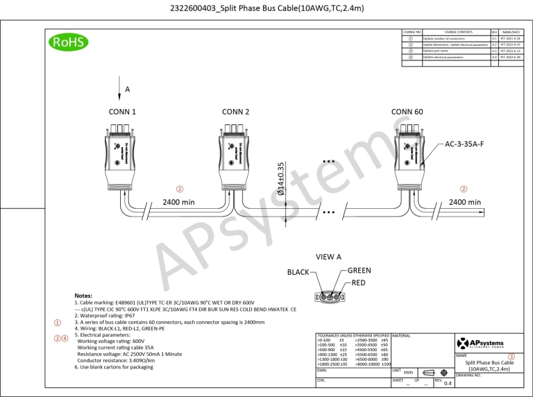 Split Phase Bus Cable (10AWG,TC,2.4m) - APsystems Global | The global ...